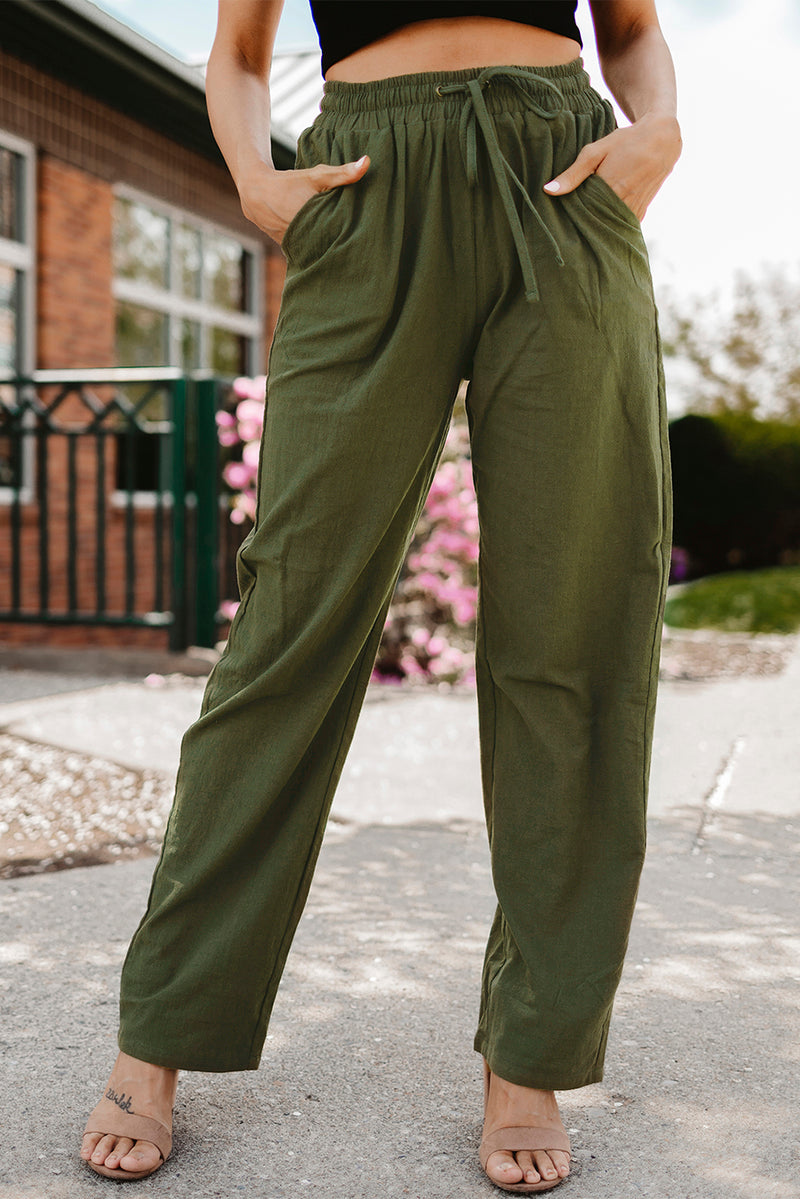 Green Drawstring Elastic Waist Pockets Long Straight Legs Pants - Shopit4lessnow