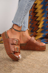 Chestnut Dual Buckle Studded Platform Sandal Slippers