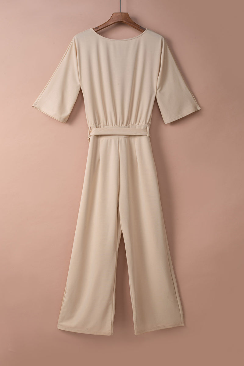 Apricot Bracelet Sleeve Waist Tie Wide Leg Jumpsuit - Shopit4lessnow