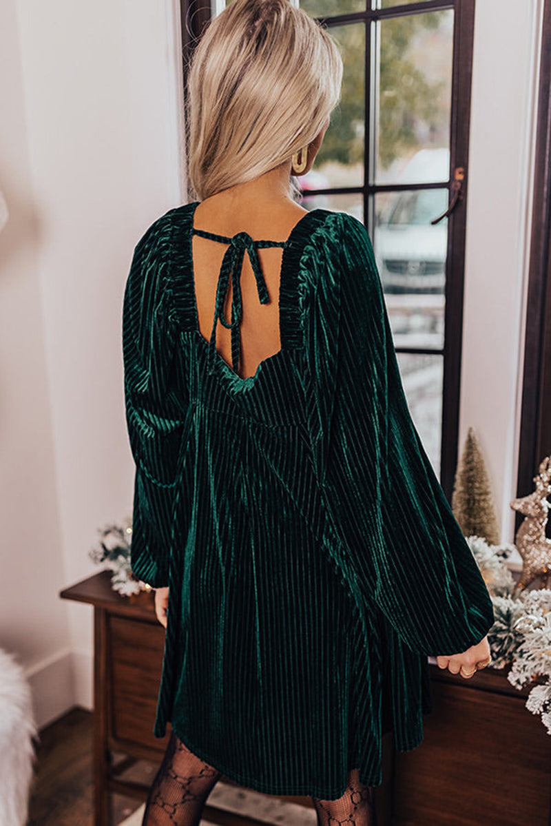 Green Tie Back Square Neck Velvet Babydoll Dress