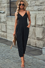 Black Textured Sleeveless V-Neck Pocketed Casual Jumpsuit - Shopit4lessnow