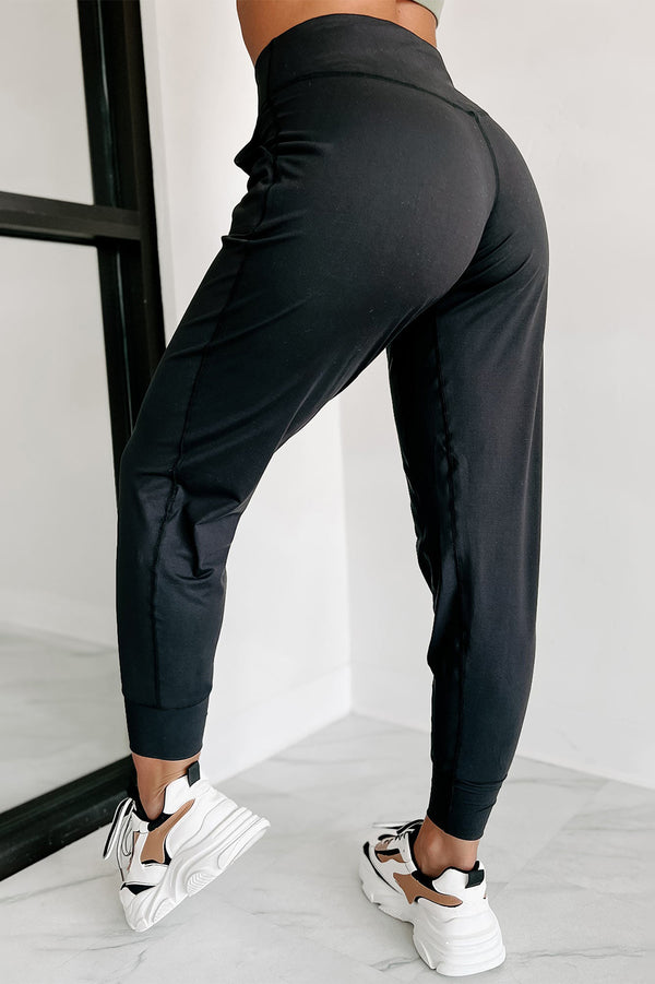 Black Exposed Seam High Waist Pocketed Joggers - Shopit4lessnow