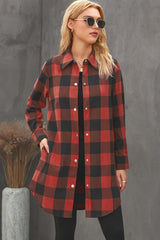 Red Turn-down Collar Plaid Shirt Coat