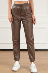 Brown Leather Tie Waist Jogger Pants