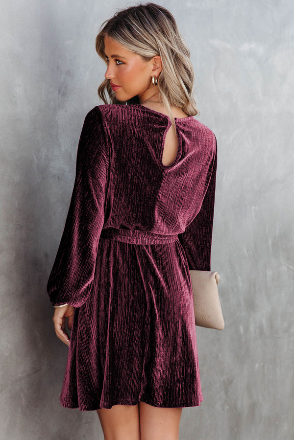 Red Tie Waist Crinkle Velvet Dress