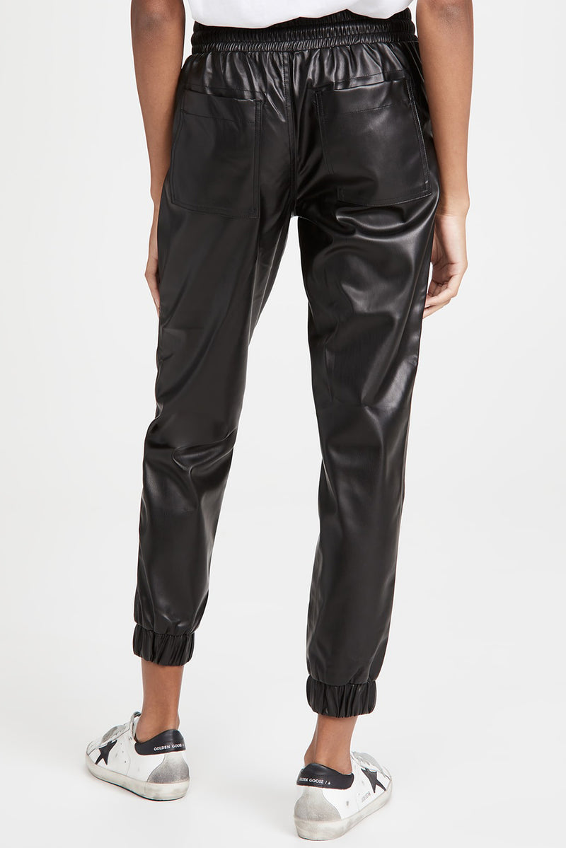 Black Faux Leather Ankle Smocked Waist Drawstring Joggers