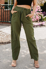 Green Drawstring Elastic Waist Pockets Long Straight Legs Pants - Shopit4lessnow