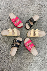 Black Suede Buckle Decor Footbed Sandal Slippers