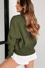 Green Zip Up Stand Collar Ribbed Thumbhole Sleeve Sweatshirt