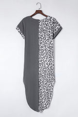 Gray Contrast Solid Leopard Short Sleeve T-shirt Dress with Slits - Shopit4lessnow