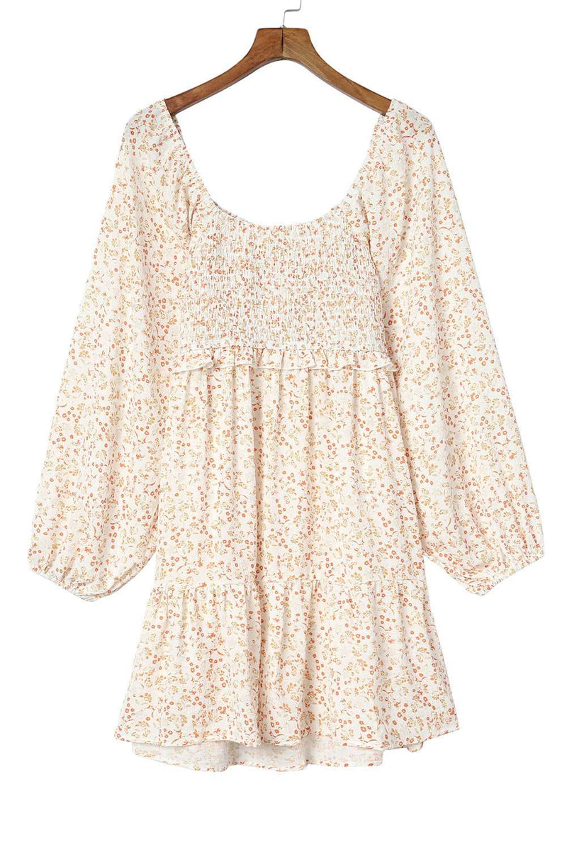 Apricot Boho Floral Smocked Puff Sleeve Mini Dress