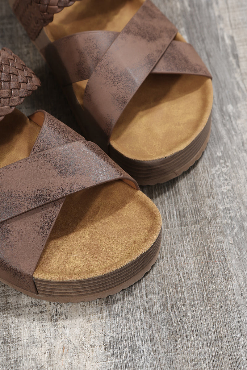 Brown Braided Detail Criss Cross Platform Slippers - Shopit4lessnow