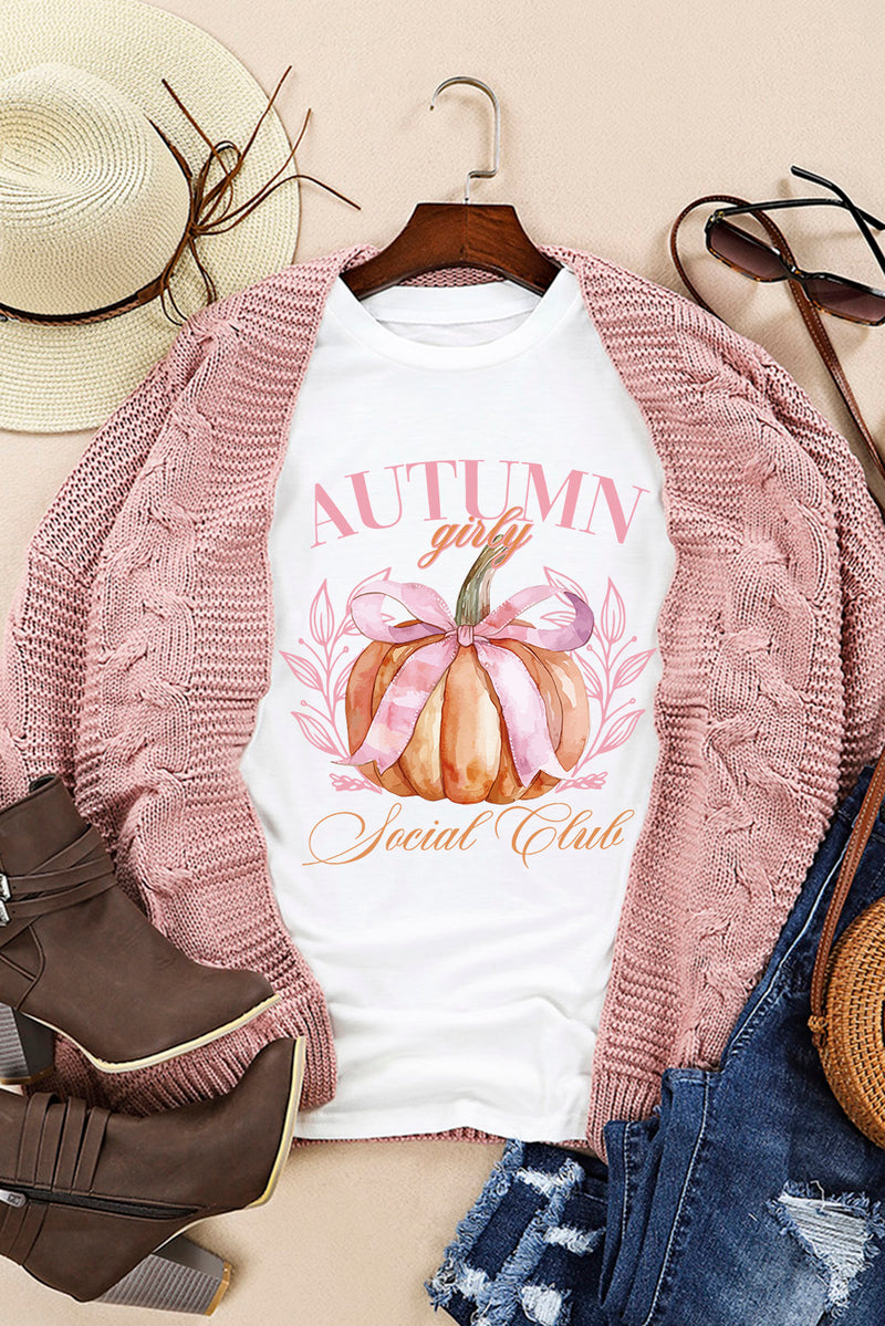 White Autumn Girly Thanksgiving Bowknot Pumpkin Graphic T Shirt