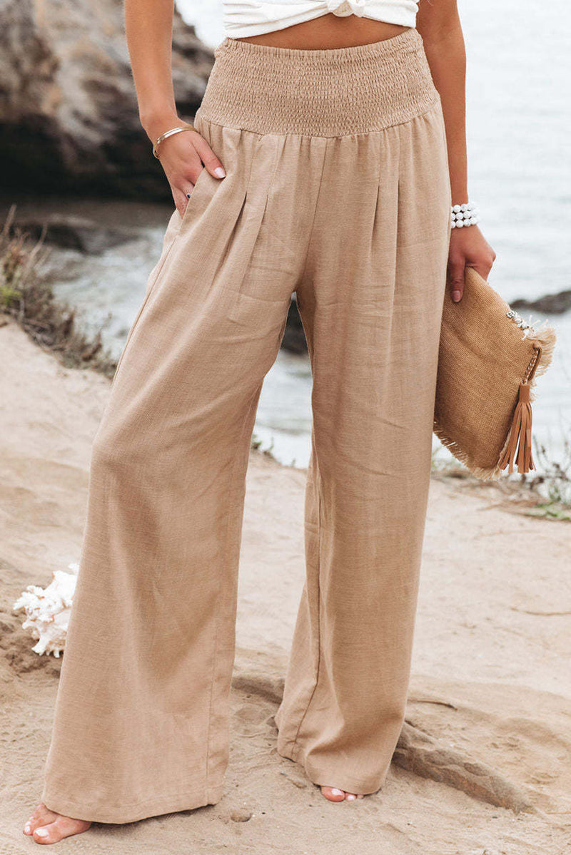 Khaki Smocked Wide Waistband High Waist Wide Leg Pants