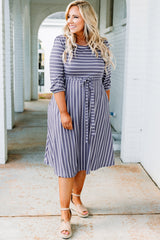 Gray Striped Tie Waist 3/4 Sleeve Plus Size Dress