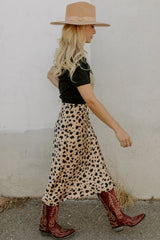 Khaki Leopard Spots Printed Split Hem Midi Skirt