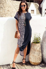 Black Contrast Solid Leopard Short Sleeve T-shirt Dress with Slits