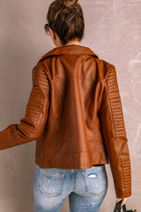 Brown Ribbed Seam Detail Faux Leather Zipped Motorcycle Jacket