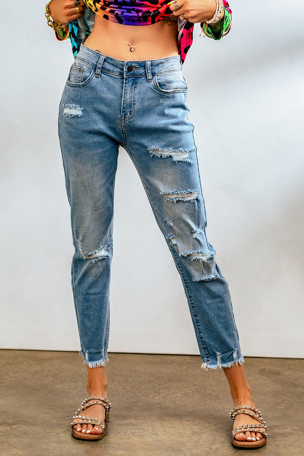 Light Blue Distressed Boyfriend Denim Pants - Shopit4lessnow