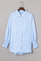 Sky Blue Smocked Cuffed Striped Boyfriend Shirt with Pocket - Shopit4lessnow