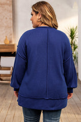 Blue Plus Size Waffle Knit Oversized Exposed Seam Top