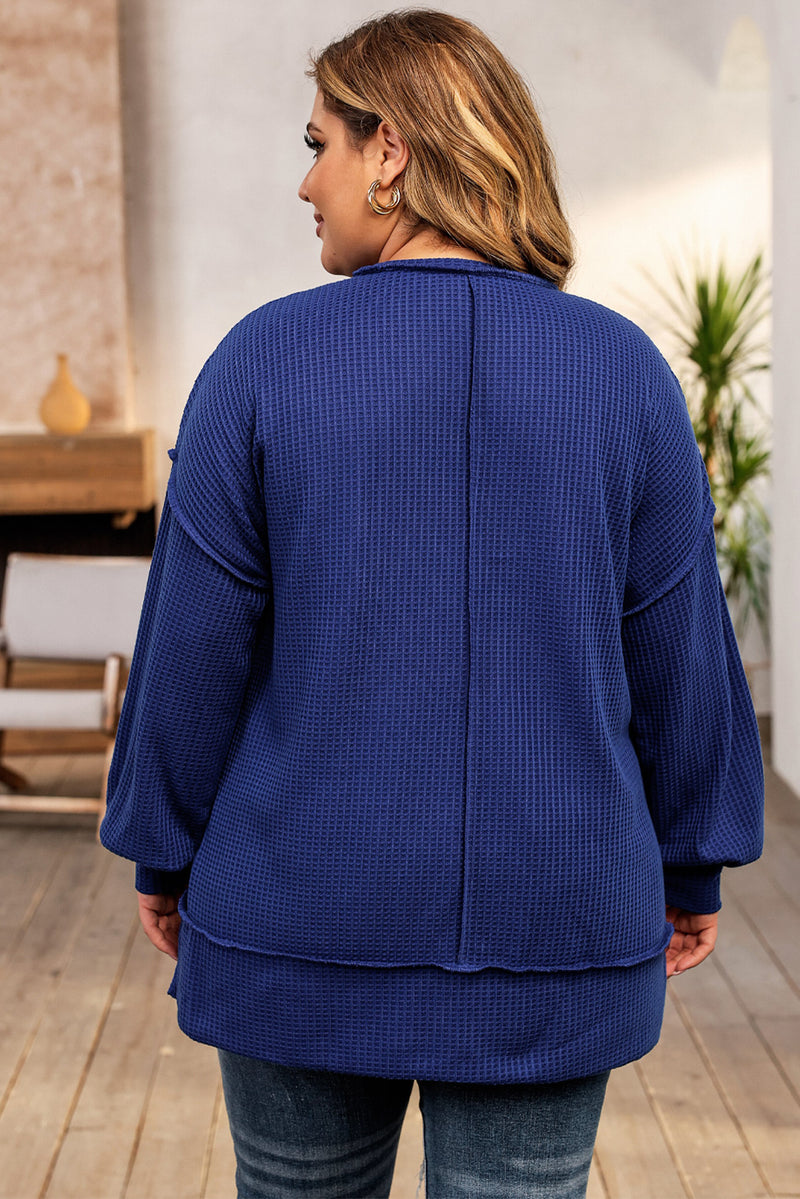 Blue Plus Size Waffle Knit Oversized Exposed Seam Top