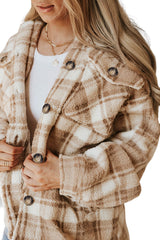 Khaki Sherpa Plaid Button Pocketed Jacket