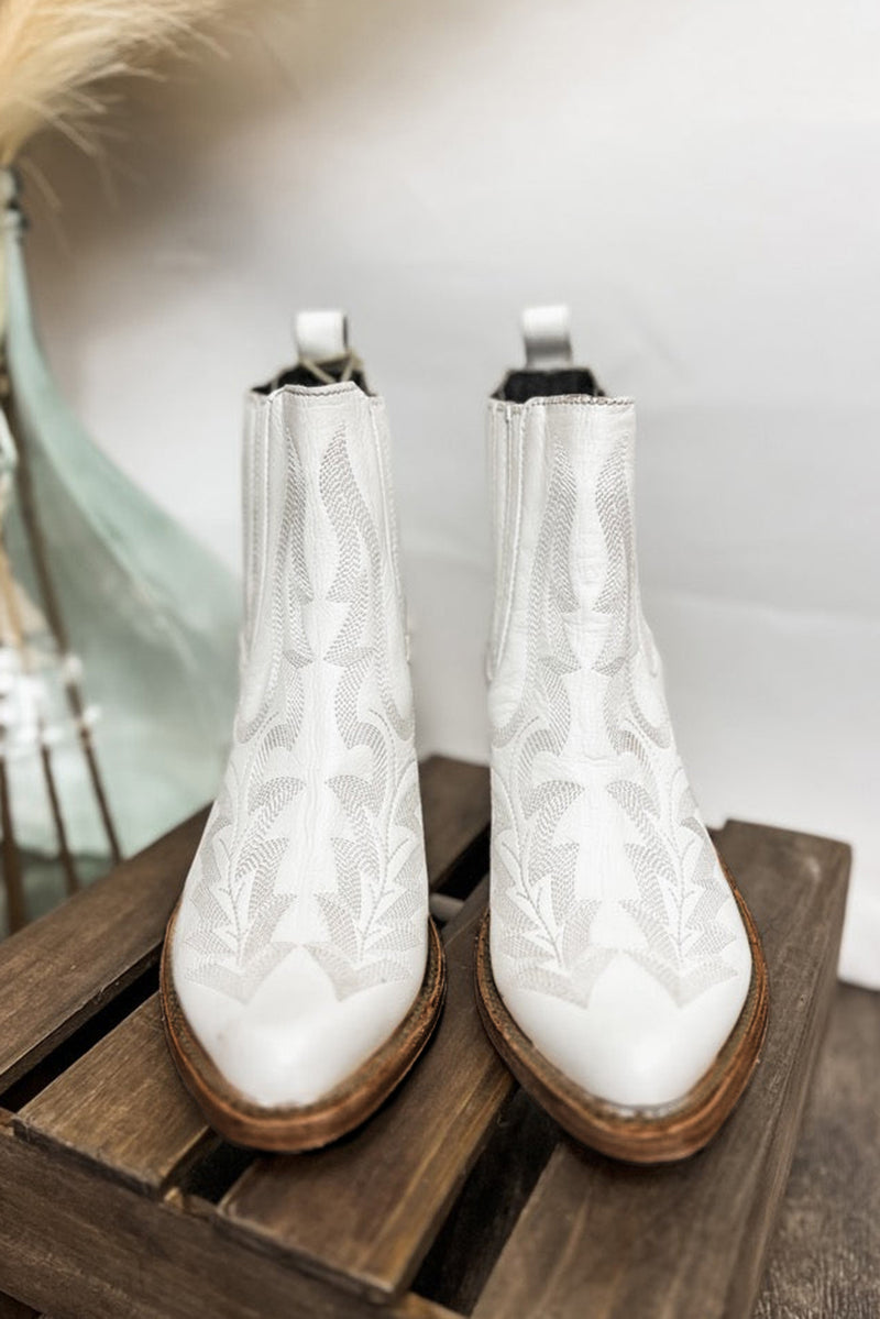 White Embroidered Leather Thick Heel Booties - Shopit4lessnow