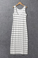 White Stripe Print Open Back Sleeveless Maxi Dress with Slits