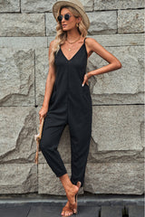 Black Textured Sleeveless V-Neck Pocketed Casual Jumpsuit - Shopit4lessnow