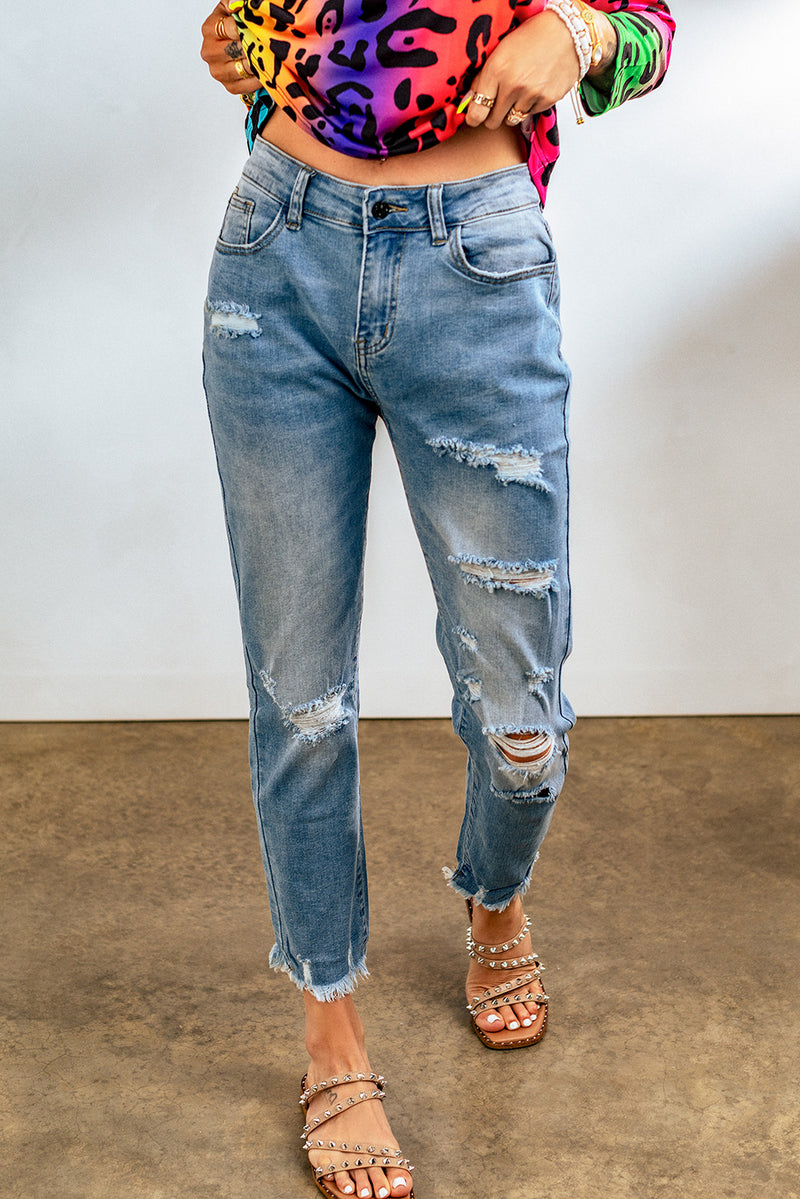 Light Blue Distressed Boyfriend Denim Pants - Shopit4lessnow