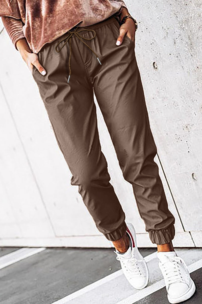 Brown Leather Tie Waist Jogger Pants - Shopit4lessnow