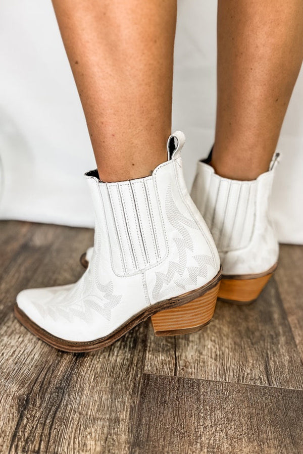 White Embroidered Leather Thick Heel Booties - Shopit4lessnow