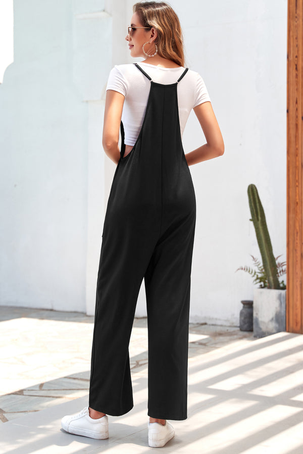 Black Pocketed Adjustable Spaghetti Strap Straight Leg Jumpsuit - Shopit4lessnow