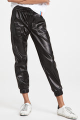 Black Faux Leather Ankle Smocked Waist Drawstring Joggers