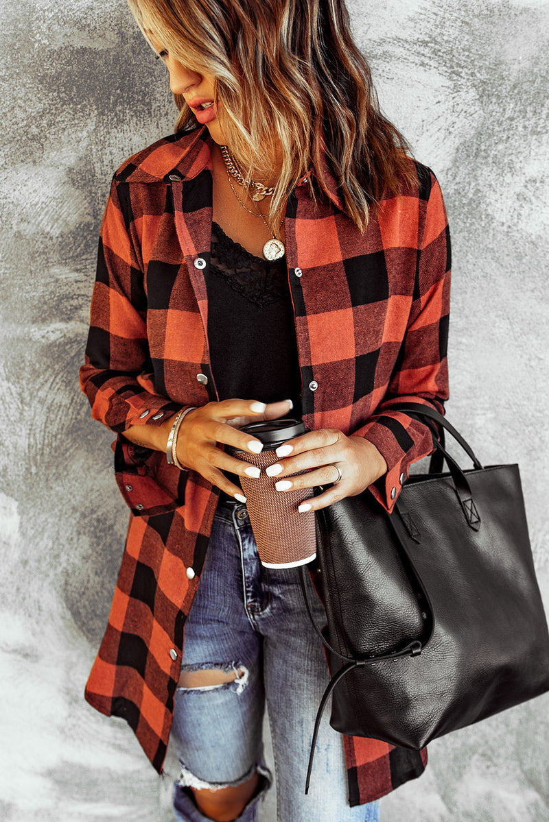 Red Turn-down Collar Plaid Shirt Coat