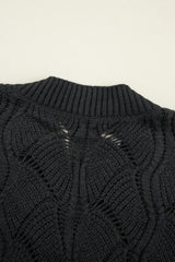 Black Hollow Out Knit V Neck Drop Shoulder Sweater