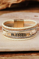 Beige BLESSED Rhinestone Braided Detail Buckle Bracelet