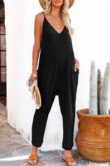 Black Textured Sleeveless V-Neck Pocketed Casual Jumpsuit - Shopit4lessnow