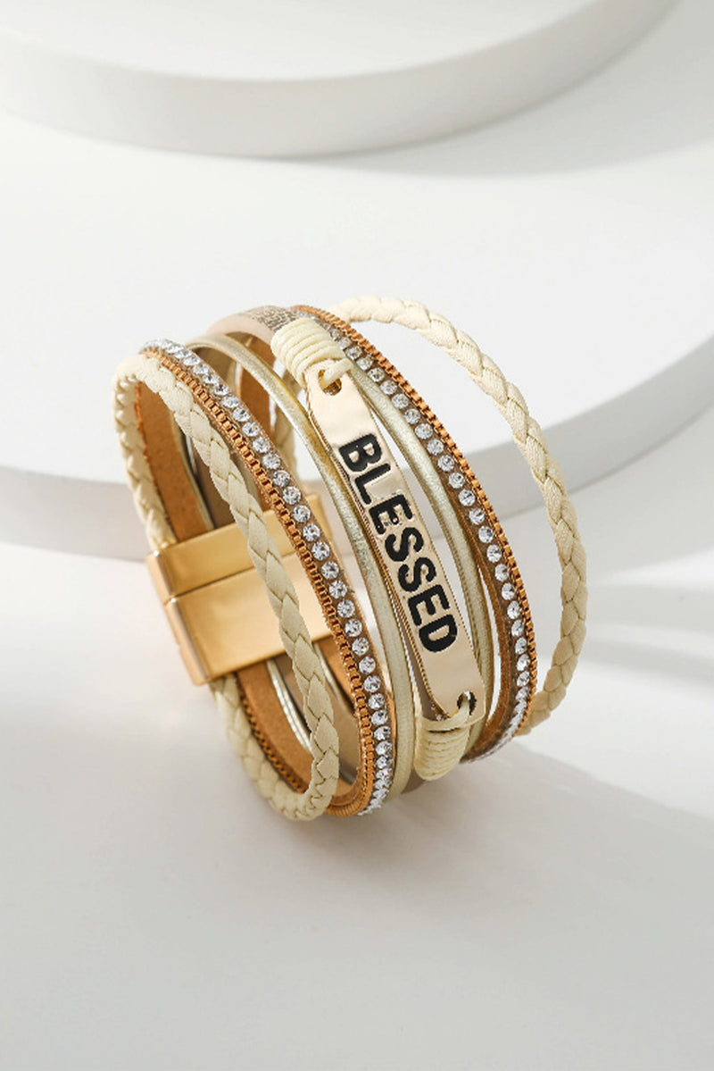 Beige BLESSED Rhinestone Braided Detail Buckle Bracelet - Shopit4lessnow