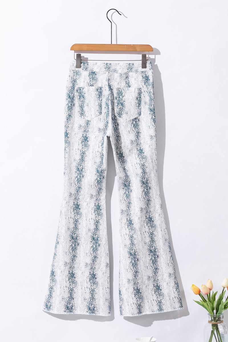 White Western Fashion High Waist Snakeskin Print Flare Pants