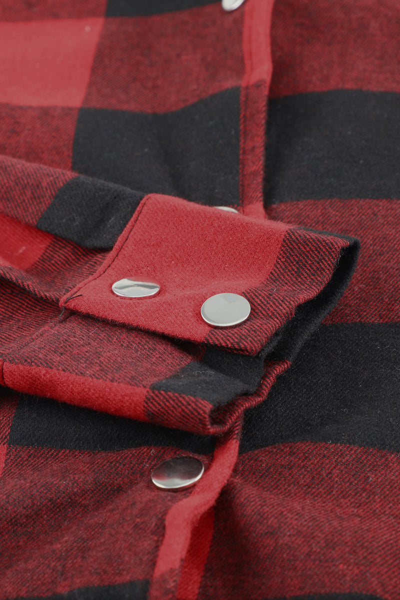 Red Turn-down Collar Plaid Shirt Coat