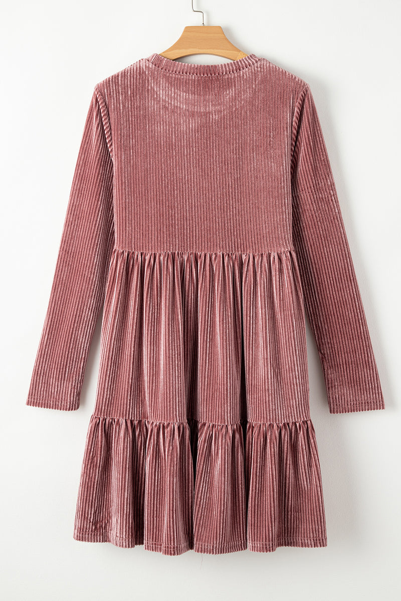 Pale Chestnut Long Sleeve Tiered Ribbed Velvet Dress