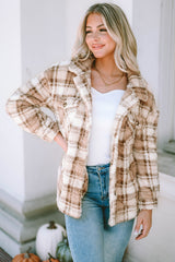 Khaki Sherpa Plaid Button Pocketed Jacket