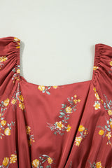 Red Clay Floral Print Shirred Waist Ruffled Trim V Neck Mini Dress