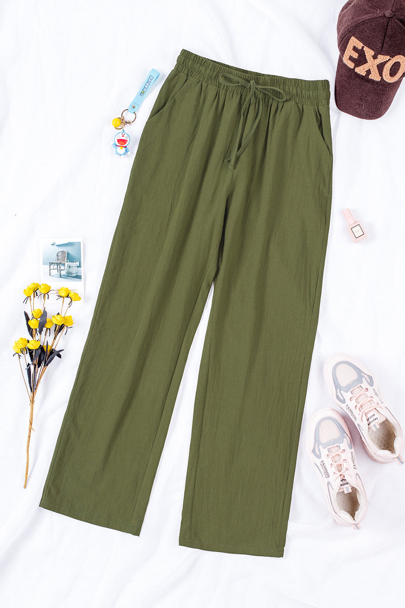 Green Drawstring Elastic Waist Pockets Long Straight Legs Pants - Shopit4lessnow