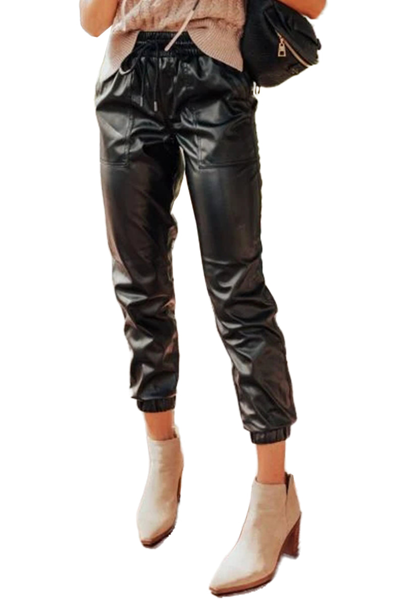 Black Faux Leather Ankle Smocked Waist Drawstring Joggers