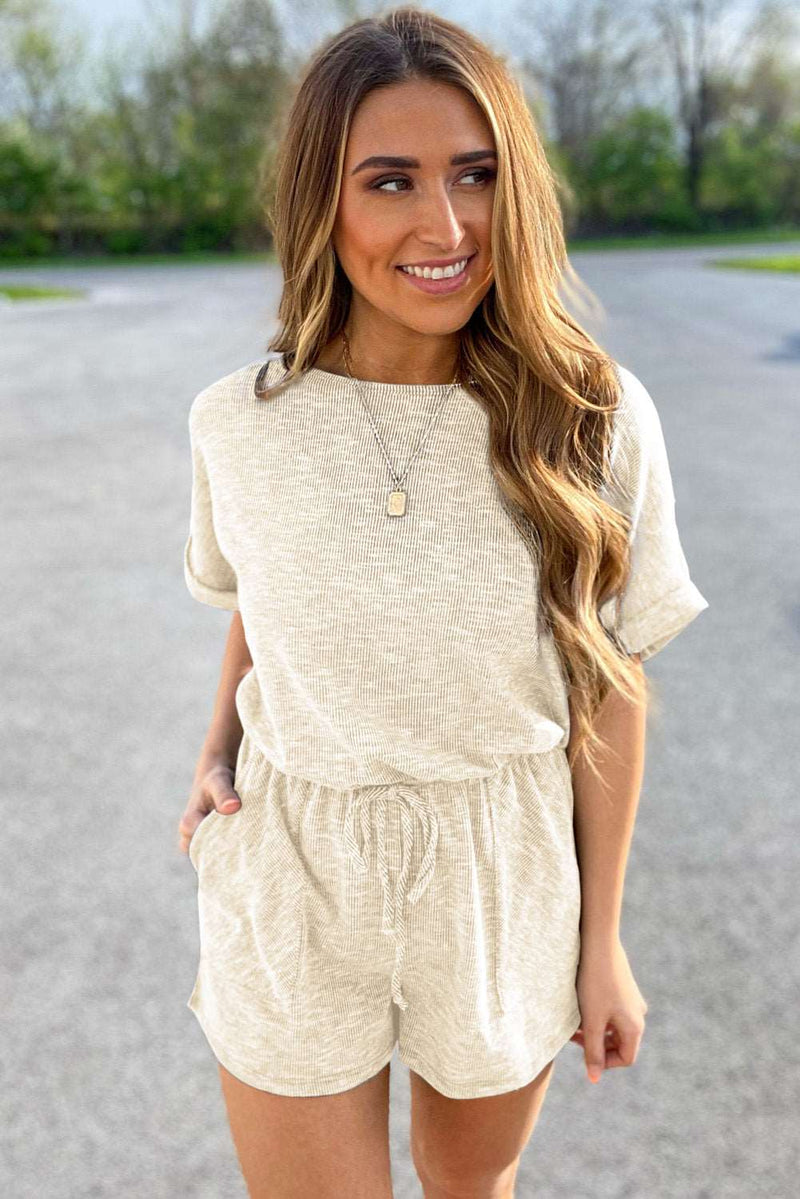 Beige Ribbed Elastic Waist Romper