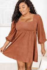 Chestnut Plus Size Suede Square Neck Balloon Sleeve Dress