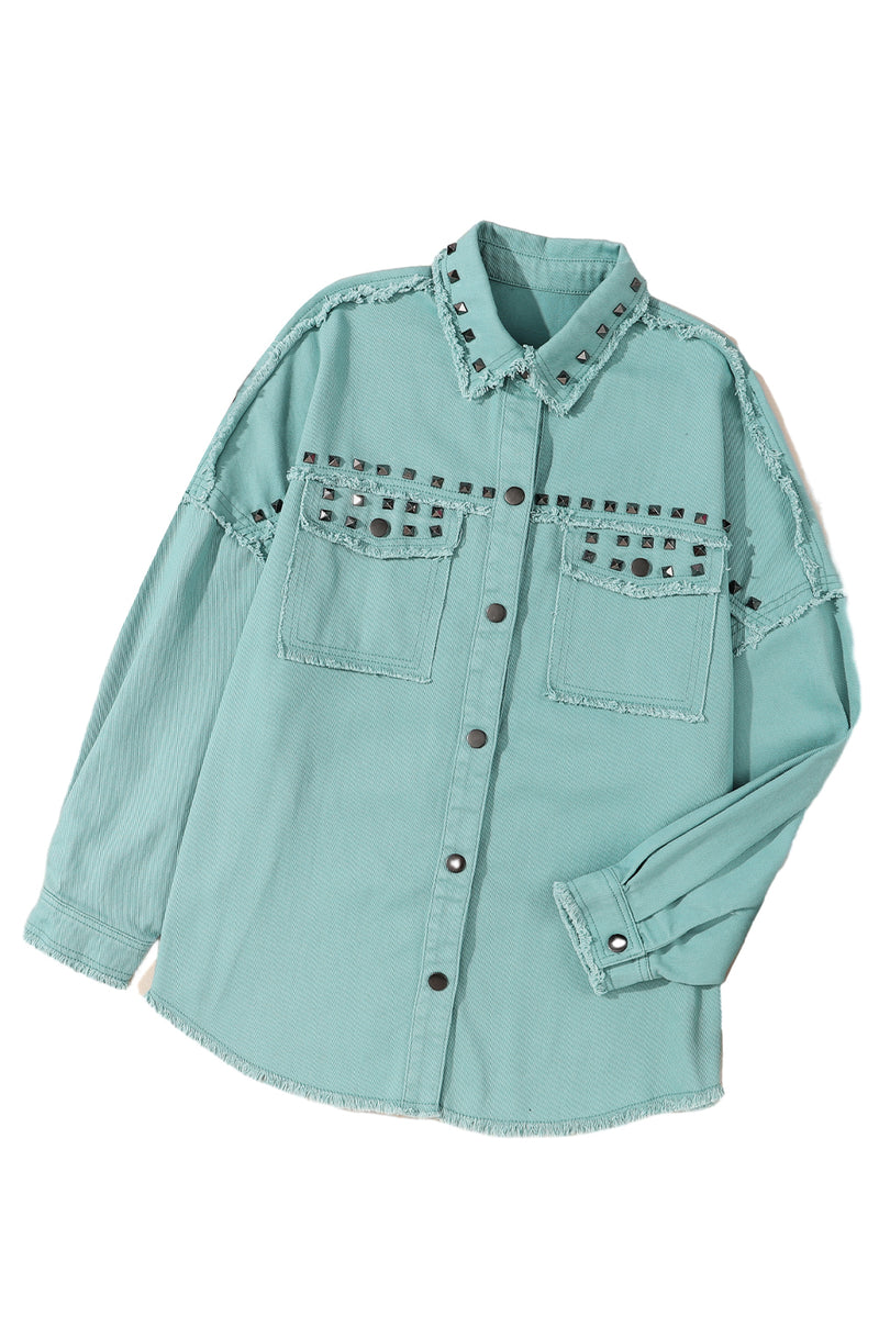 Mist Green Frayed Trim Riveted Denim Jacket